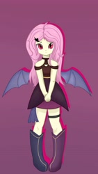 Size: 3193x5661 | Tagged: safe, artist:fuzzy cyclone, imported from derpibooru, fluttershy, human, undead, vampire, equestria girls, bat wings, clothes, dress, female, flutterbat, pigeon toed, pink hair, race swap, red eyes, shy, solo, wings