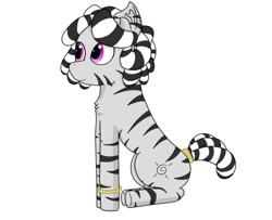 Size: 1018x828 | Tagged: safe, artist:nismorose, imported from derpibooru, oc, oc only, oc:zala, zebra, chest fluff, ear fluff, female, filly, foal, jewelry, ring, simple background, sitting, smiling, solo, stripes, white background, zebra oc