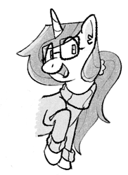 Size: 286x392 | Tagged: safe, artist:winterclover, imported from derpibooru, oc, oc only, oc:cloverberry, pony, unicorn, bust, clothes, glasses, horn, monochrome, simple background, smiling, solo, sweater, unicorn oc, white background