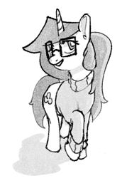 Size: 274x399 | Tagged: safe, artist:winterclover, imported from derpibooru, oc, oc only, oc:cloverberry, pony, unicorn, clothes, glasses, horn, monochrome, simple background, smiling, solo, sweater, unicorn oc, white background