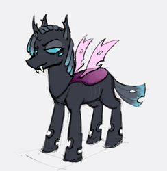 Size: 413x424 | Tagged: safe, artist:winterclover, imported from derpibooru, oc, oc only, changeling, changeling oc, dreadlocks, fangs, purple changeling, simple background, solo, standing, white background