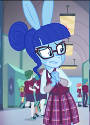 Size: 254x351 | Tagged: safe, artist:winterclover, edit, edited screencap, imported from derpibooru, screencap, oc, oc:cloverberry, anthro, rabbit, equestria girls, friendship games, background human, bunnified, clothes, crystal prep, crystal prep academy uniform, furrified, glasses, school uniform, skirt, species swap