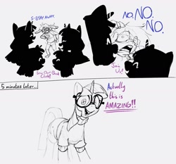 Size: 1743x1623 | Tagged: safe, artist:winterclover, imported from derpibooru, oc, oc:cloverberry, anthro, pony, unicorn, clothes, dialogue, glasses, monochrome, sweater, text, twisona