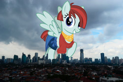 Size: 2048x1365 | Tagged: safe, artist:cheezedoodle96, edit, editor:jaredking779, imported from derpibooru, valley glamour, pegasus, pony, background pony, bracelet, clothes, denim, denim shorts, female, giant pony, giantess, grin, highrise ponies, indonesia, irl, jakarta, jewelry, looking at you, macro, mare, midriff, photo, ponies in real life, shirt, shorts, smiling, solo, spread wings, wings