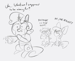 Size: 518x424 | Tagged: safe, artist:winterclover, imported from derpibooru, apple bloom, scootaloo, sweetie belle, earth pony, pegasus, pony, robot, robot pony, unicorn, arm cannon, cutie mark crusaders, dialogue, laser, monochrome, sitting, sweetie bot, text, trio, weapon