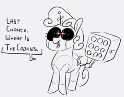 Size: 477x372 | Tagged: safe, artist:winterclover, imported from derpibooru, sweetie belle, pony, robot, robot pony, unicorn, dialogue, missile, monochrome, solo, sweetie bot, text, weapon