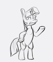 Size: 330x387 | Tagged: safe, artist:winterclover, imported from derpibooru, twilight sparkle, pony, unicorn, bipedal, frown, monochrome, solo, unicorn twilight