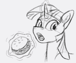 Size: 259x217 | Tagged: safe, artist:winterclover, imported from derpibooru, twilight sparkle, pony, unicorn, burger, bust, food, glowing, glowing horn, horn, levitation, magic, magic aura, monochrome, open mouth, reference, solo, telekinesis, twilight burgkle