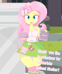Size: 2031x2414 | Tagged: safe, anonymous artist, imported from derpibooru, fluttershy, human, equestria girls, breasts, busty fluttershy, butterfly hairpin, cleavage, female, no source, open mouth, paper, solo, standing, talking to viewer, text