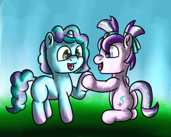 Size: 3000x2400 | Tagged: safe, artist:saburodaimando, imported from derpibooru, starlight glimmer, pony, unicorn, duo, duo female, eye contact, female, filly, filly misty brightdawn, filly starlight glimmer, g5, high res, holding hooves, looking at each other, looking at someone, misty brightdawn, open mouth, open smile, sitting, smiling, smiling at each other, starlight glimmer day, younger