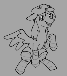 Size: 672x763 | Tagged: safe, artist:winterclover, imported from derpibooru, derpy hooves, oc, pegasus, pony, clothes, cosplay, costume, monochrome, pegasus oc, sitting, smiling, socks, solo, spread wings, wings