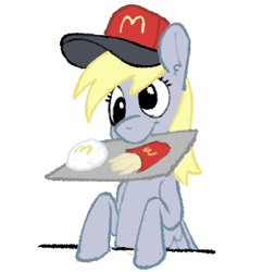 Size: 294x304 | Tagged: safe, artist:winterclover, imported from derpibooru, derpy hooves, pegasus, pony, burger, cap, food, french fries, hat, mcdonald's, mouth hold, serving tray, simple background, sitting, solo, white background