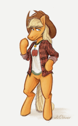 Size: 284x457 | Tagged: safe, artist:winterclover, imported from derpibooru, applejack, earth pony, semi-anthro, arm hooves, clothes, female, hat, hooves, looking at you, simple background, solo, standing on two hooves, white background