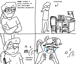 Size: 585x499 | Tagged: safe, artist:winterclover, imported from derpibooru, anthro, human, unicorn, clothes, clueless, comic, crying, glasses, hand, meme, monochrome, rage comic, text, today i will listen to some x