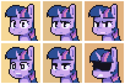 Size: 408x272 | Tagged: safe, artist:winterclover, imported from derpibooru, twilight sparkle, pony, unicorn, angry, bust, frown, monochrome, open mouth, pixel art, smiling, teeth