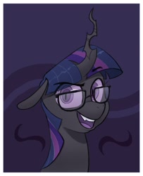 Size: 606x746 | Tagged: safe, artist:winterclover, imported from derpibooru, twilight sparkle, changeling, bust, changelingified, dreamworks face, glasses, monochrome, purple changeling, smiling, solo, species swap, twisona