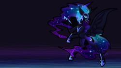 Size: 1920x1080 | Tagged: safe, artist:spookshi, imported from derpibooru, nightmare moon, alicorn, pony, black background, blue eyes, blue mane, blue tail, colored pupils, digital art, ethereal mane, fangs, female, flowing mane, flowing tail, helmet, hoof shoes, horn, lidded eyes, mare, night, open mouth, peytral, simple background, smiling, solo, sparkles, spread wings, starry mane, starry tail, stars, tail, teeth, wallpaper, wings