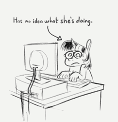 Size: 491x505 | Tagged: safe, artist:winterclover, imported from derpibooru, twilight sparkle, anthro, unicorn, computer, frown, hand, monochrome, sitting, solo, suddenly hands, text