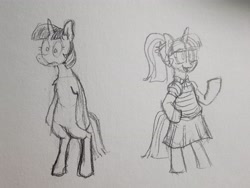 Size: 4000x3000 | Tagged: safe, artist:winterclover, imported from derpibooru, sci-twi, twilight sparkle, pony, semi-anthro, unicorn, chest fluff, clothes, glasses, monochrome, photo, sketch, skirt, solo, standing on two hooves, traditional art