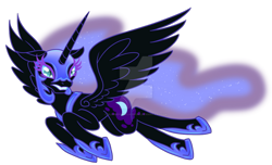Size: 1024x624 | Tagged: safe, artist:shadowiesart, imported from derpibooru, nightmare moon, alicorn, pony, angry, blue eyes, blue mane, blue tail, colored pupils, deviantart watermark, digital art, ethereal mane, eyelashes, fangs, feather, female, flowing mane, flowing tail, flying, hoof shoes, horn, mare, obtrusive watermark, peytral, simple background, solo, spread wings, starry mane, starry tail, tail, teeth, transparent background, watermark, wings