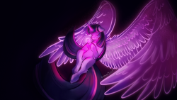 Size: 2560x1440 | Tagged: safe, artist:gryphonquila, imported from derpibooru, twilight sparkle, alicorn, pony, crying, dark, eyes closed, female, floppy ears, immortality blues, impossibly large wings, large wings, mare, solo, twilight sparkle (alicorn), wings