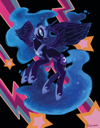 Size: 792x1008 | Tagged: safe, artist:redcurrant, imported from derpibooru, nightmare moon, alicorn, pony, blue eyes, blue mane, blue tail, colored pupils, concave belly, digital art, ethereal mane, ethereal tail, eyelashes, fangs, feather, female, flowing mane, flowing tail, flying, helmet, hoof shoes, lidded eyes, mare, open mouth, peytral, slim, smiling, solo, spread wings, starry mane, starry tail, stars, tail, teeth, thin, wings