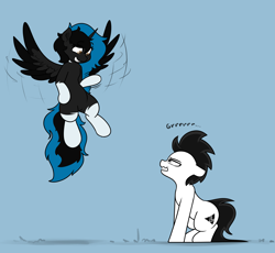 Size: 2999x2756 | Tagged: safe, artist:vipy, imported from derpibooru, oc, oc only, oc:vipy, alicorn, earth pony, pony, alicorn oc, duo, earth pony oc, female, flying, growling, horn, male, mare, simple background, socks (coat markings), spread wings, stallion, wings