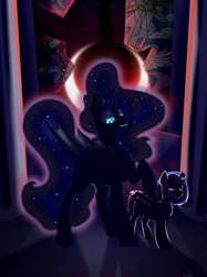 Size: 2244x3000 | Tagged: safe, artist:ekaterinaramm, imported from derpibooru, nightmare moon, princess luna, oc, alicorn, bat pony, bat pony unicorn, hybrid, pony, unicorn, bat ponified, bat wings, blue eyes, blue mane, blue tail, colored pupils, crepuscular rays, crescent moon, dark, digital art, ethereal mane, ethereal tail, evil grin, eyeshadow, female, flowing mane, flowing tail, folded wings, grin, high res, horn, lidded eyes, looking at you, lunabat, makeup, mare, moon, night, nightmare night, race swap, raised hoof, sky, smiling, smiling at you, sparkles, stars, tail, teeth, wings