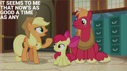 Size: 2000x1125 | Tagged: safe, edit, edited screencap, editor:quoterific, imported from derpibooru, screencap, apple bloom, applejack, big macintosh, earth pony, pony, the perfect pear, female, filly, foal, male, mare, sitting, stallion