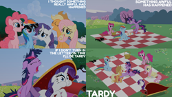 Size: 4400x2475 | Tagged: safe, edit, edited screencap, editor:quoterific, imported from derpibooru, screencap, applejack, fluttershy, pinkie pie, rainbow dash, rarity, twilight sparkle, unicorn, lesson zero, basket, fainting couch, floppy ears, mane six, messy hair, messy mane, messy tail, picnic basket, picnic blanket, sunglasses, tail, tardy, twilight snapple, unicorn twilight