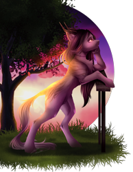 Size: 3500x4500 | Tagged: safe, artist:lunciakkk, imported from derpibooru, oc, oc only, oc:ohara, commission, grass, simple background, solo, sunset, thinking, transparent background, tree, vaporwave