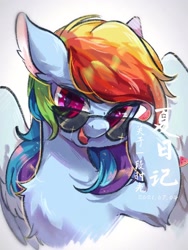 Size: 1080x1440 | Tagged: safe, artist:tkotu1, imported from derpibooru, rainbow dash, pegasus, pony, bust, female, glasses, looking at you, mare, open mouth, simple background, solo, white background