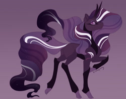 Size: 1920x1522 | Tagged: safe, artist:bishopony, imported from derpibooru, nightmare rarity, pony, unicorn, cloven hooves, curved horn, digital art, eyeshadow, female, flowing mane, flowing tail, horn, looking at you, makeup, mare, purple background, purple eyes, purple mane, purple tail, raised hoof, signature, simple background, solo, tail, walking