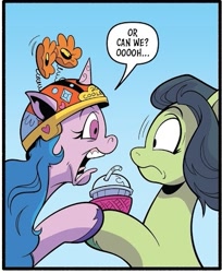Size: 413x506 | Tagged: safe, artist:andypriceart, idw, imported from derpibooru, izzy moonbow, earth pony, pony, unicorn, spoiler:comic, spoiler:g5comic, spoiler:g5comic08, dialogue, duo, faic, g5, helmet, official comic, speech bubble, unnamed character, unnamed pony