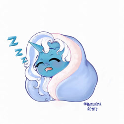 Size: 500x500 | Tagged: safe, artist:katarinarente123, imported from derpibooru, oc, oc only, oc:fleurbelle, alicorn, pony, alicorn oc, blanket, blushing, cute, drool, eyes closed, horn, onomatopoeia, simple background, sleeping, solo, sound effects, watermark, white background, zzz