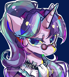 Size: 1024x1150 | Tagged: safe, artist:tkotu1, edit, imported from derpibooru, snowfall frost, starlight glimmer, pony, unicorn, bust, female, glasses, lidded eyes, looking at you, mare, signature, solo