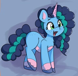 Size: 1794x1736 | Tagged: safe, artist:taurson, imported from derpibooru, pony, unicorn, butt, butt freckles, coat markings, curly mane, curly tail, cute, daaaaaaaaaaaw, female, freckles, g5, happy, mare, misty brightdawn, mistybetes, open mouth, open smile, smiling, socks (coat markings), solo, tail, unshorn fetlocks