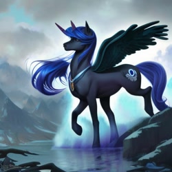 Size: 512x512 | Tagged: safe, artist:guardianwhooves, imported from derpibooru, princess luna, alicorn, pony, ai content, ai generated, blue mane, blue tail, cloud, digital art, eyes closed, feather, female, flowing mane, horn, jewelry, mare, mountain, mountain range, necklace, raised hoof, rock, sky, solo, spread wings, tail, walking, water, wings