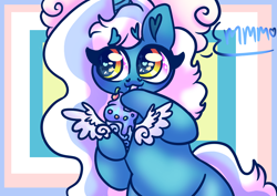 Size: 1024x724 | Tagged: safe, artist:iloveehlm, imported from derpibooru, oc, oc only, oc:fleurbelle, alicorn, pony, semi-anthro, alicorn oc, bow, cherry, drink, drinking, female, food, hair bow, heart, heart eyes, horn, mare, milkshake, solo, speech bubble, wingding eyes, wings