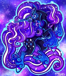 Size: 1104x1280 | Tagged: safe, artist:kaijujungle, idw, imported from derpibooru, nightmare rarity, pony, unicorn, angry, antagonist, colored pupils, crown, digital art, ethereal mane, ethereal tail, evil, eyelashes, fangs, female, flowing mane, flowing tail, gem, horn, jewelry, long horn, looking at you, mare, menacing, night, open mouth, purple mane, purple tail, regalia, signature, sky, solo, sparkles, starry mane, starry tail, stars, tail, teeth, threatening, unshorn fetlocks, villainess