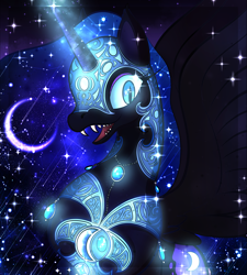 Size: 1800x2000 | Tagged: safe, artist:ryuko-rose, imported from derpibooru, nightmare moon, alicorn, pony, beautiful, blue eyes, blue mane, blue tail, bust, crescent moon, dazzling, digital art, ethereal mane, ethereal tail, eyeshadow, fangs, female, flowing mane, flowing tail, gem, glowing, glowing eyes, glowing horn, high res, horn, jewelry, magic, makeup, mare, moon, necklace, night, open mouth, pearl necklace, peytral, portrait, redesign, regalia, solo, space, sparkles, spread wings, starry mane, starry tail, stars, tail, teeth, wings