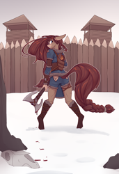 Size: 2600x3800 | Tagged: safe, artist:chapaevv, imported from derpibooru, oc, oc only, oc:ondrea, anthro, earth pony, unguligrade anthro, angry, axe, baby, baby pony, blood, clothes, female, fort, looking back, skull, snow, weapon