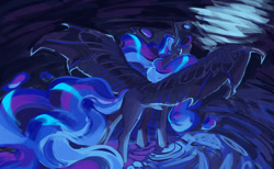 Size: 1280x788 | Tagged: safe, artist:yuyusunshine, imported from derpibooru, princess luna, alicorn, pony, blue mane, blue tail, colored pupils, commission, digital art, eyeshadow, female, flowing mane, flowing tail, horn, hybrid wings, lidded eyes, looking at you, makeup, mare, solo, spread wings, tail, water, wings