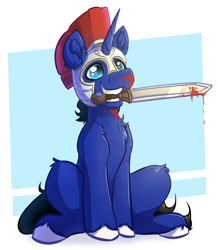 Size: 2357x2705 | Tagged: safe, artist:witchtaunter, imported from derpibooru, oc, oc only, oc:night reader, pony, unicorn, abstract background, armor, blood, chest fluff, helmet, horn, implied violence, male, mouth hold, sitting, smiling, stallion, sword, unshorn fetlocks, weapon
