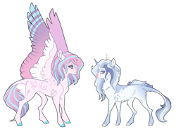 Size: 3773x2783 | Tagged: safe, artist:venommocity, imported from derpibooru, princess flurry heart, oc, oc:love letter, pony, unicorn, blue eyes, body markings, broken horn, chest fluff, colored hooves, colored wings, ear fluff, elbow fluff, eyeshadow, facial markings, facial scar, female, freckles, frown, horn, leonine tail, looking at you, makeup, mare, multicolored wings, offspring, older, parent:princess cadance, parent:shining armor, parents:shiningcadance, purple eyes, scar, simple background, smiling, spread wings, tail, twitterina design, white background, wings