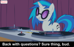 Size: 1920x1224 | Tagged: safe, edit, edited screencap, imported from derpibooru, screencap, dj pon-3, vinyl scratch, pony, unicorn, comic:celestia's servant interview, caption, cs captions, female, happy, image macro, interview, mare, solo, sunglasses, text, turntable