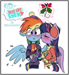 Size: 810x882 | Tagged: safe, artist:tylerdashart, imported from derpibooru, rainbow dash, twilight sparkle, alicorn, anthro, pegasus, best gift ever, blushing, bow, cheek kiss, clothes, cute, earmuffs, eye clipping through hair, eyebrows, eyebrows visible through hair, feather, female, floppy ears, food, kissing, lesbian, magic, mistleholly, pudding, scarf, scene interpretation, shipping, signature, simple background, smooch, spread wings, surprised, twidash, twilight sparkle (alicorn), white background, wingboner, wings