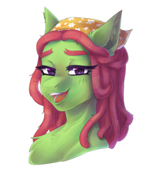 Size: 1765x2000 | Tagged: safe, artist:serodart, imported from derpibooru, tree hugger, earth pony, pony, bandana, bust, chest fluff, clothes, colored eyebrows, dreadlocks, ear fluff, eyebrows, female, floppy ears, flower, g4, lidded eyes, looking at you, mare, open mouth, portrait, simple background, smiling, solo, white background