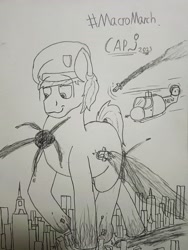 Size: 3456x4608 | Tagged: safe, artist:cap_watching, imported from derpibooru, oc, earth pony, pony, beret, city, earth pony oc, giant pony, hat, helicopter, macro, missile, pencil drawing, stomping, traditional art