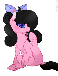 Size: 1440x1899 | Tagged: safe, artist:thatonefluffs, imported from derpibooru, oc, oc only, oc:moonlight, earth pony, pony, behaving like a cat, blushing, bow, caught, freckles, hair bow, licking, looking at you, shading, simple background, solo, tongue out, transparent background, unshorn fetlocks